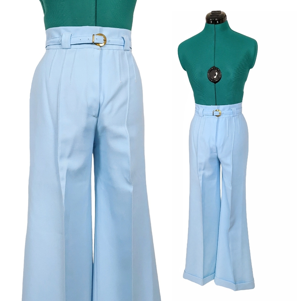 1970s High Waisted Vintage Flares Pants Original Matching Belt Blue Bell Bottoms - Picture 9 of 9